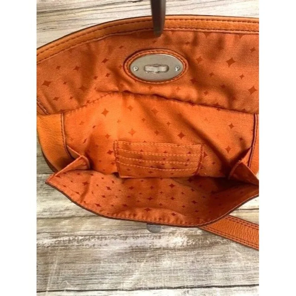 Orange Fossil Leather Crossbody Bag with‎ Front Turn Lock Pocket